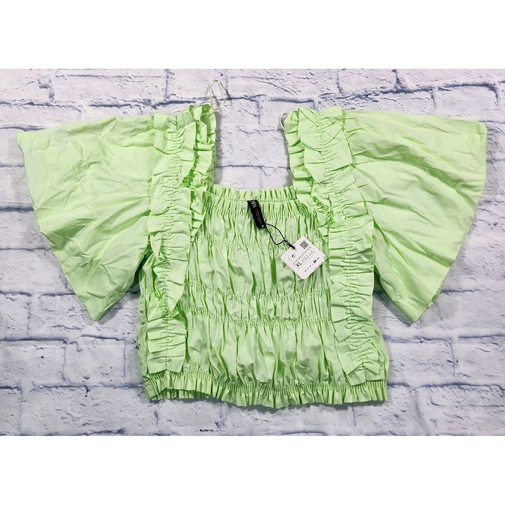 ZARA WOMENS SIZE XL Lime Green Ruffle Ruched Puff Sleeve Crop Top Blouse